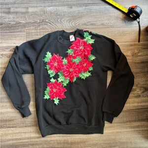 Jerzees Black Crewneck Sweater with Red and Green Christmas Design